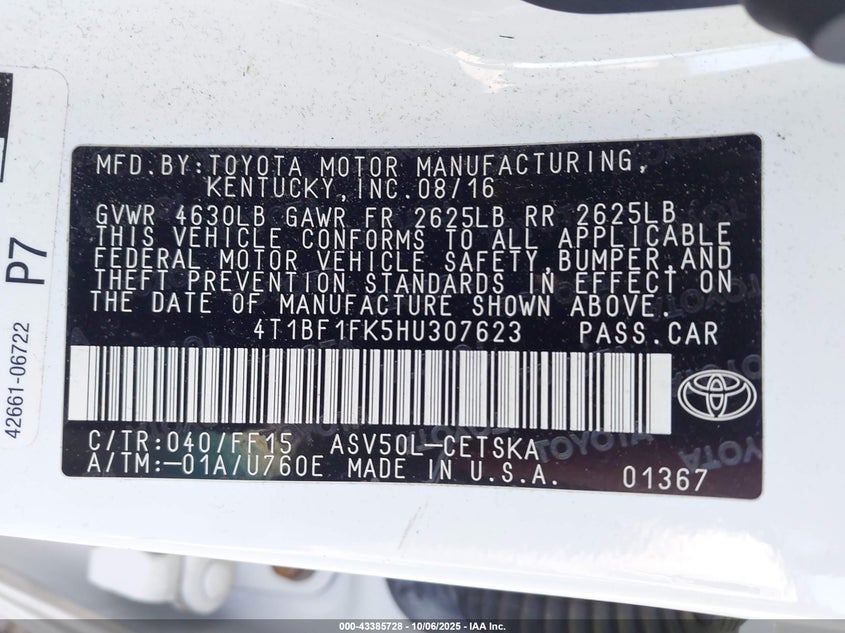 2017 Toyota Camry Se VIN: 4T1BF1FK5HU307623 Lot: 43385728