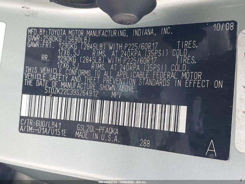 2009 Toyota Sienna Xle VIN: 5TDZK22C39S264912 Lot: 43385734