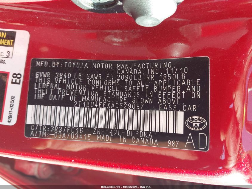 2010 Toyota Corolla Le VIN: 2T1BU4EEXAC529097 Lot: 43385739