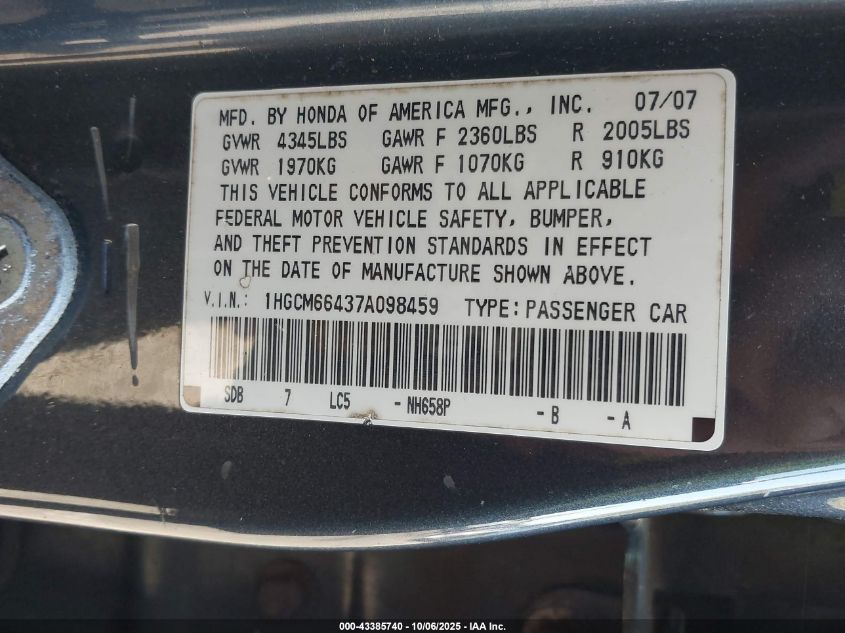2007 Honda Accord 3.0 Se VIN: 1HGCM66437A098459 Lot: 43385740