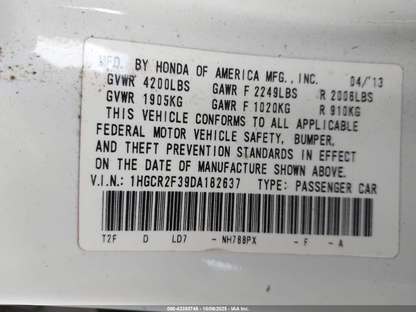 2013 Honda Accord Lx VIN: 1HGCR2F39DA182637 Lot: 43385746