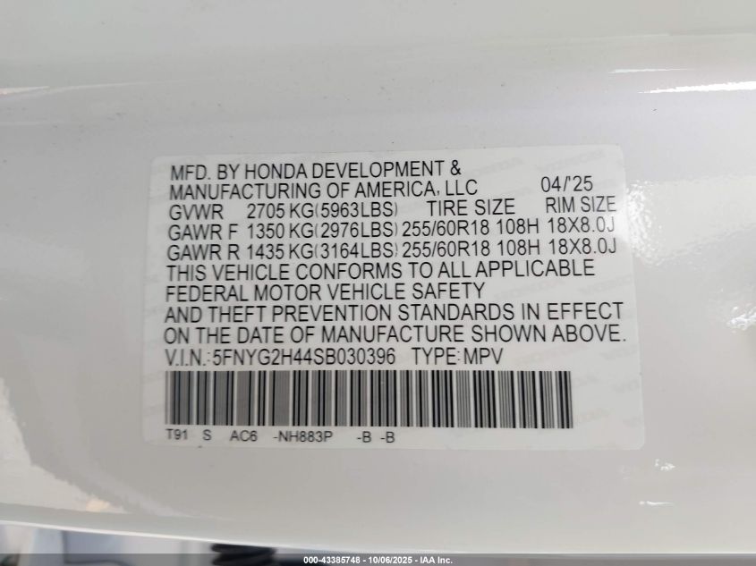 2025 Honda Pilot Ex-L VIN: 5FNYG2H44SB030396 Lot: 43385748