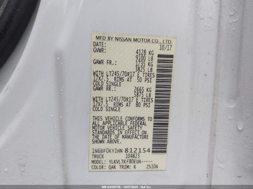 2017 Nissan Nv Cargo Nv2500 Hd Sv V6 VIN: 1N6BF0KY1HN812154 Lot: 43385755