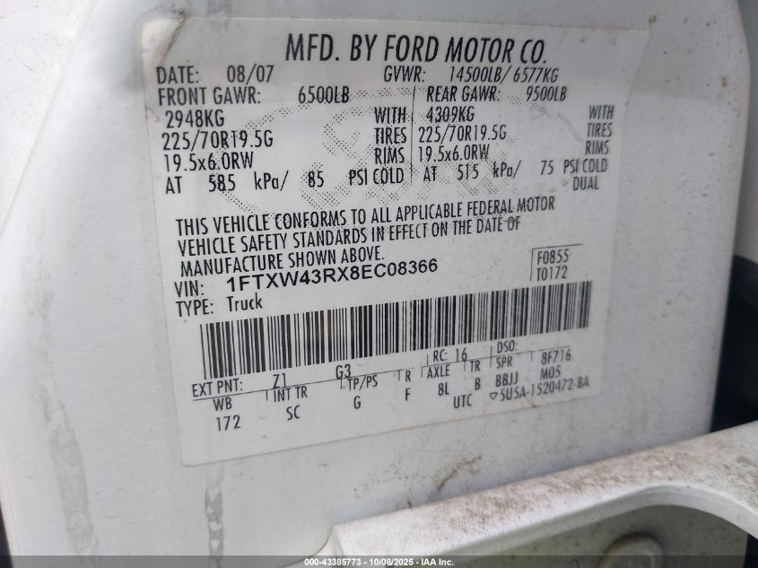 2008 Ford F-450 King Ranch/Lariat/Xl/Xlt VIN: 1FTXW43RX8EC08366 Lot: 43385773