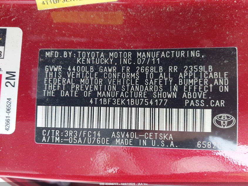 2011 Toyota Camry Se VIN: 4T1BF3EK1BU754177 Lot: 43385777