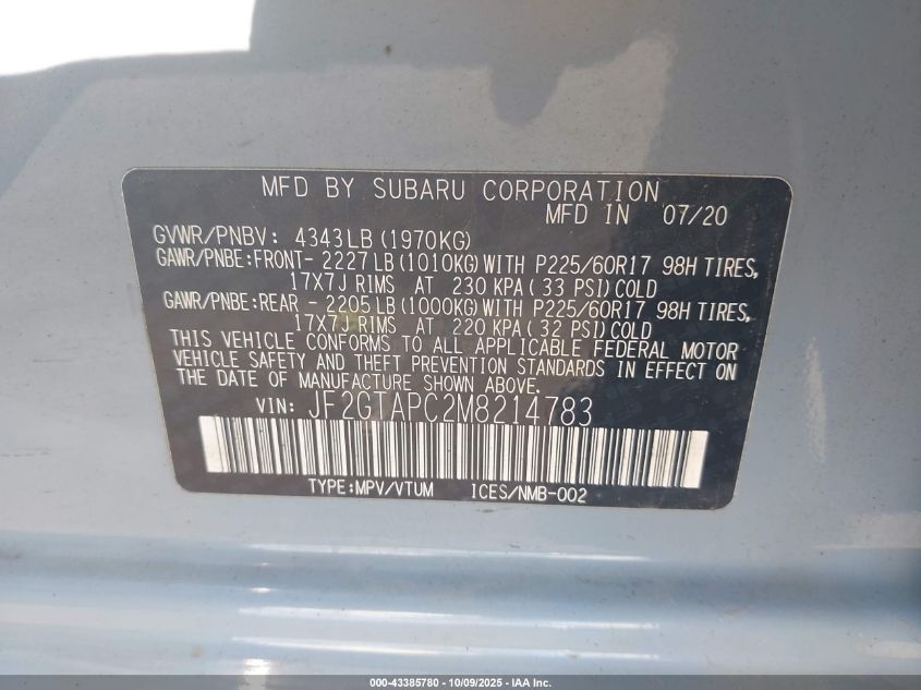 2021 Subaru Crosstrek Premium VIN: JF2GTAPC2M8214783 Lot: 43385780