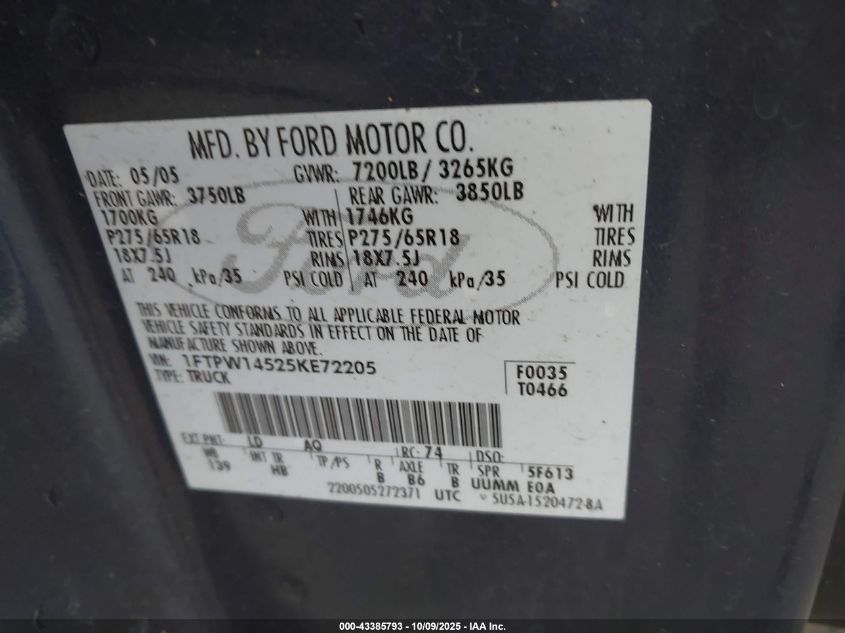 2005 Ford F-150 Fx4/Lariat/Xlt VIN: 1FTPW14525KE72205 Lot: 43385793