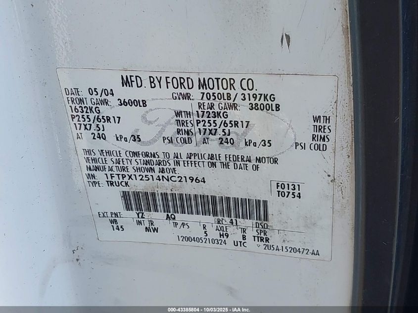 2004 Ford F-150 Lariat/Xl/Xlt VIN: 1FTPX12514NC21964 Lot: 43385804