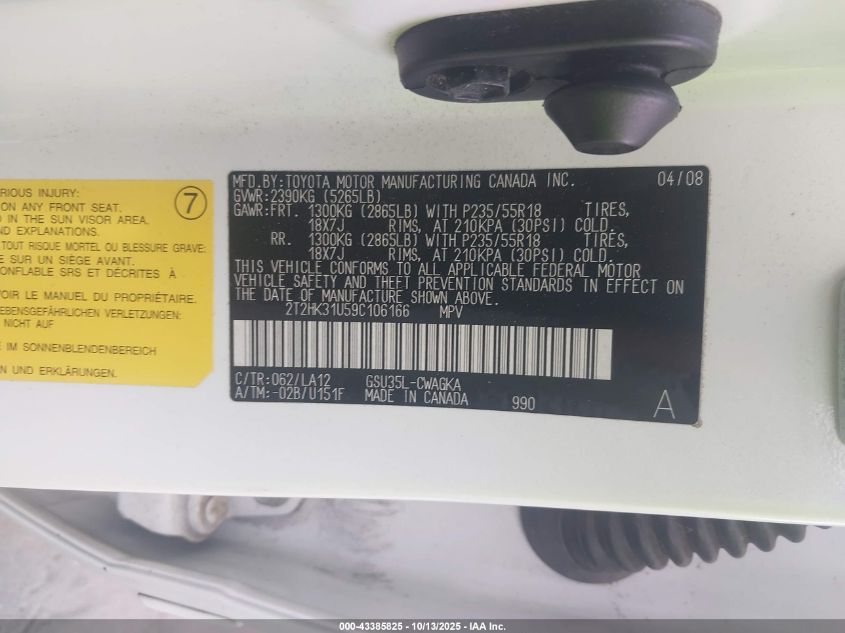 2009 Lexus Rx 350 VIN: 2T2HK31U59C106166 Lot: 43385825