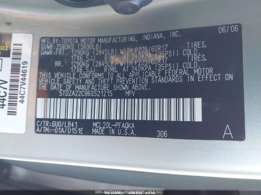 2006 Toyota Sienna Xle VIN: 5TDZA22C96S521215 Lot: 43385827