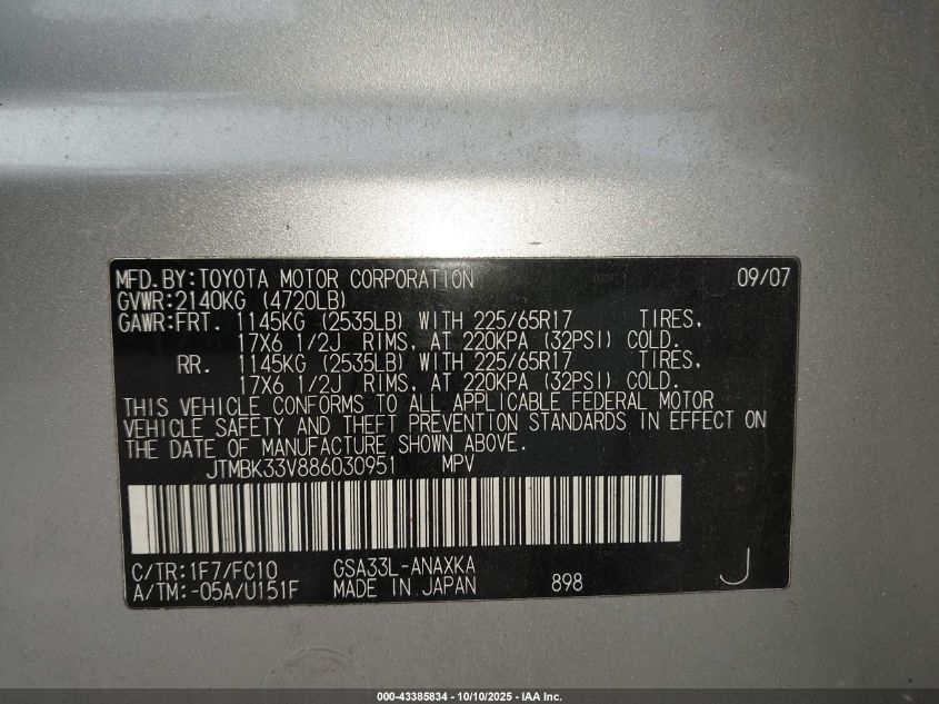 2008 Toyota Rav4 Base V6 VIN: JTMBK33V886030951 Lot: 43385834