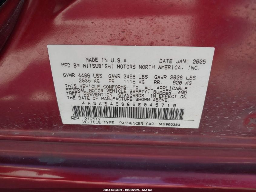 2005 Mitsubishi Galant Ls VIN: 4A3AB46S05E045719 Lot: 43385839