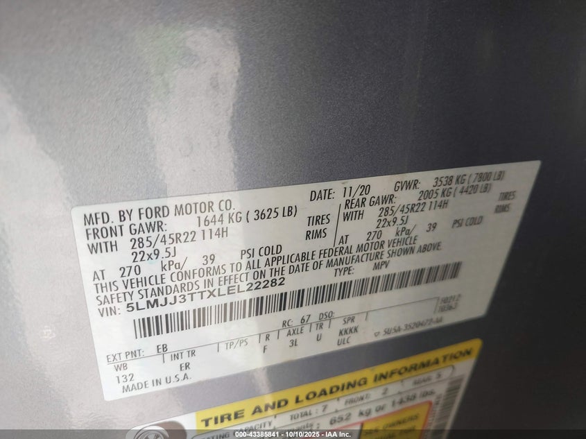 2020 Lincoln Navigator Black Label L VIN: 5LMJJ3TTXLEL22282 Lot: 43385841