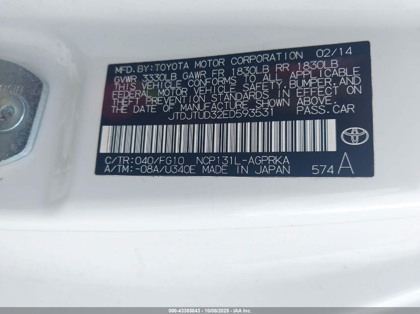 2014 Toyota Yaris L (Tmc/Cbu Plant) VIN: JTDJTUD32ED593531 Lot: 43385843