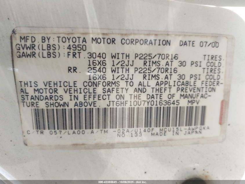 2000 Lexus Rx 300 VIN: JT6HF10U7Y0163645 Lot: 43385849