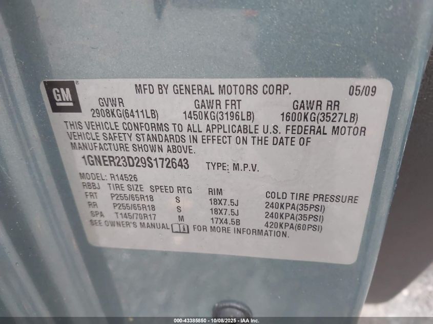 2009 Chevrolet Traverse Lt VIN: 1GNER23D29S172643 Lot: 43385850