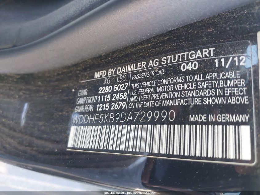 2013 Mercedes-Benz E 350 VIN: WDDHF5KB9DA729990 Lot: 43385859