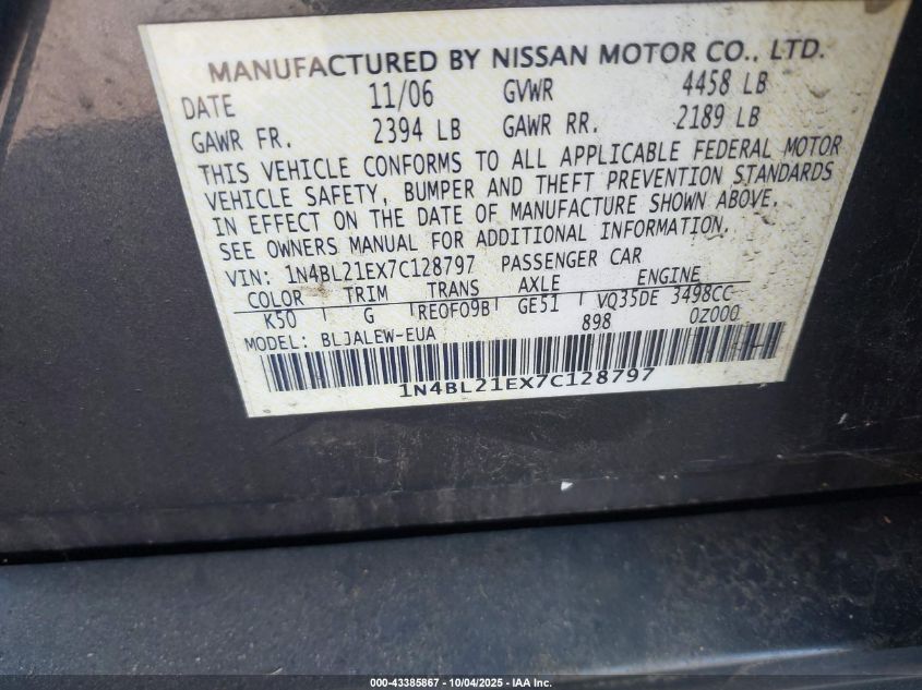 2007 Nissan Altima 3.5 Sl VIN: 1N4BL21EX7C128797 Lot: 43385867