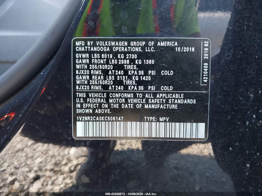 2019 Volkswagen Atlas 3.6L V6 Sel Premium VIN: 1V2NR2CA0KC506147 Lot: 43385872