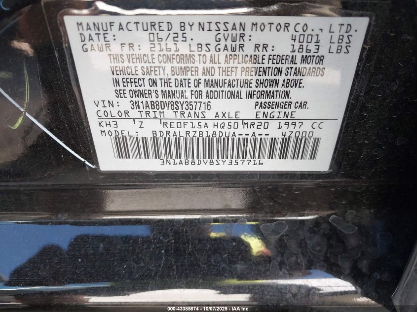 2025 Nissan Sentra Sr VIN: 3N1AB8DV8SY357716 Lot: 43385874