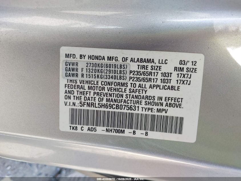 2012 Honda Odyssey Ex-L VIN: 5FNRL5H69CB075631 Lot: 43385878