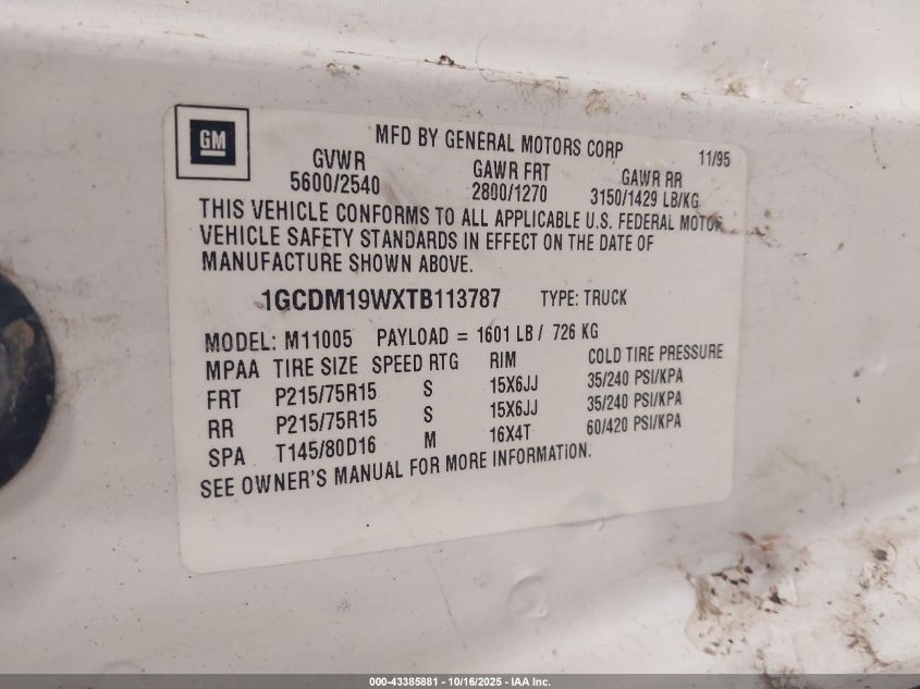 1996 Chevrolet Astro VIN: 1GCDM19WXTB113787 Lot: 43385881