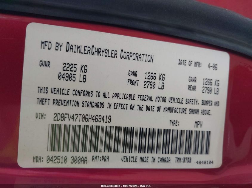 2006 Dodge Magnum VIN: 2D8FV47T06H469419 Lot: 43385883
