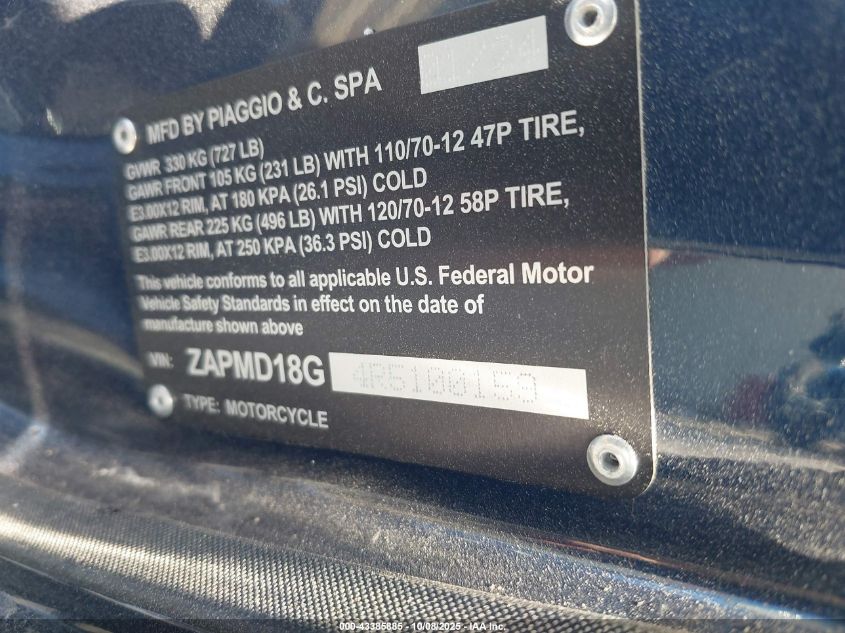 2024 Vespa Primavera/Sprint 150 VIN: ZAPMD18G4R5100159 Lot: 43385885