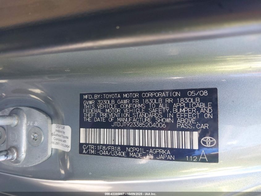 2008 Toyota Yaris VIN: JTDJT923385204006 Lot: 43385887