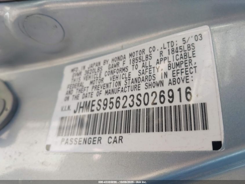 2003 Honda Civic Hybrid VIN: JHMES95623S026916 Lot: 43385896