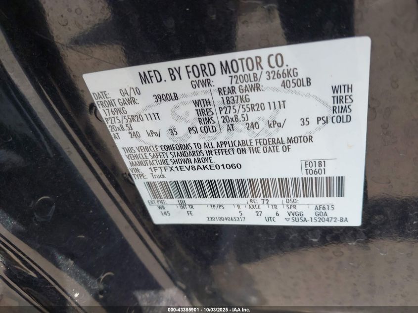2010 Ford F-150 Fx4/Lariat/Xl/Xlt VIN: 1FTFX1EV8AKE01060 Lot: 43385901