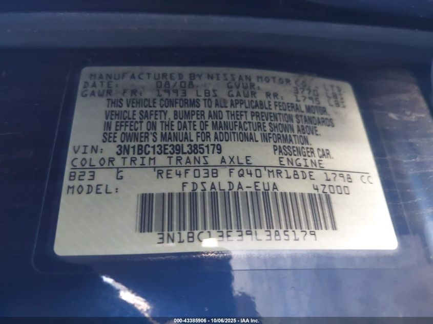 2009 Nissan Versa 1.8S VIN: 3N1BC13E39L385179 Lot: 43385906