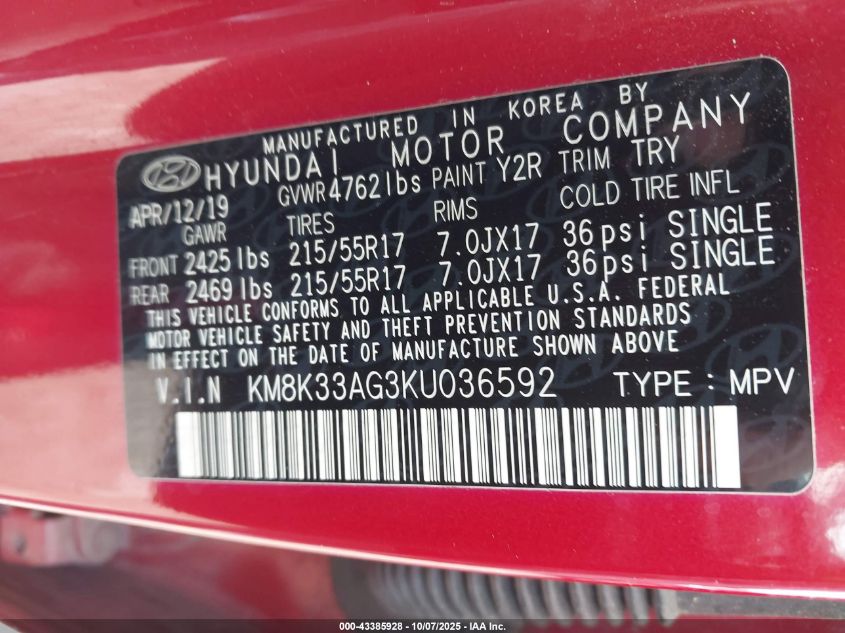 2019 Hyundai Kona Ev Limited VIN: KM8K33AG3KU036592 Lot: 43385928