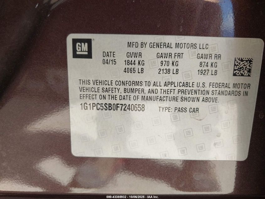 2015 Chevrolet Cruze 1Lt Auto VIN: 1G1PC5SB0F7240658 Lot: 43385932