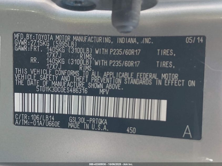 2014 Toyota Sienna Xle V6 8 Passenger VIN: 5TDYK3DC0ES486316 Lot: 43385936