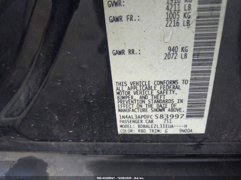 2015 Nissan Altima 2.5 S VIN: 1N4AL3AP0FC583997 Lot: 43385941