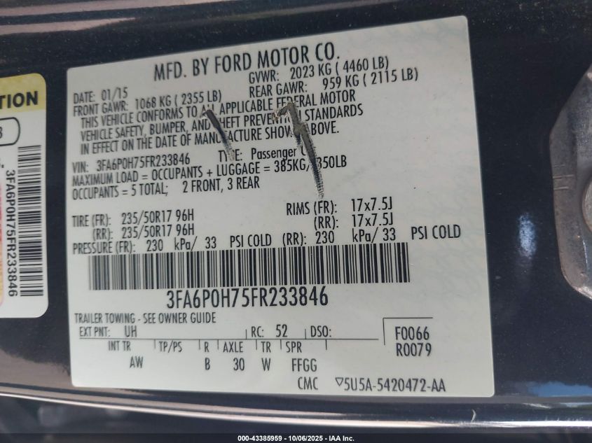 2015 Ford Fusion Se VIN: 3FA6P0H75FR233846 Lot: 43385959