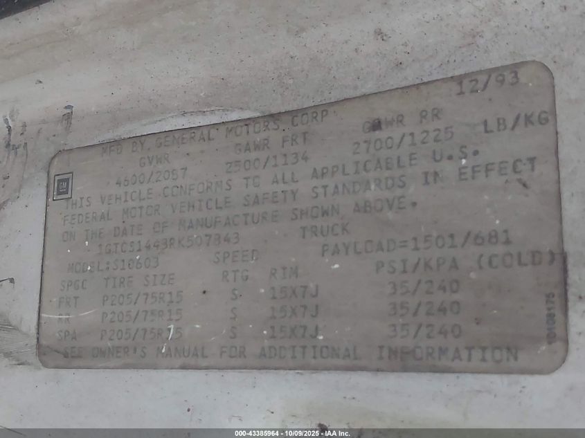 1994 GMC Sonoma VIN: 1GTCS1443RK507843 Lot: 43385964