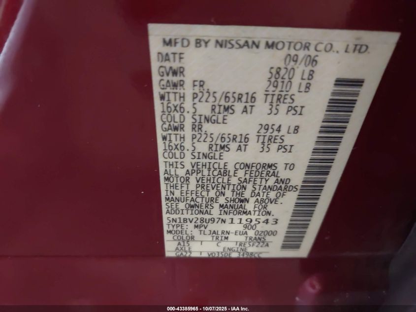 2007 Nissan Quest 3.5 VIN: 5N1BV28U97N119543 Lot: 43385965