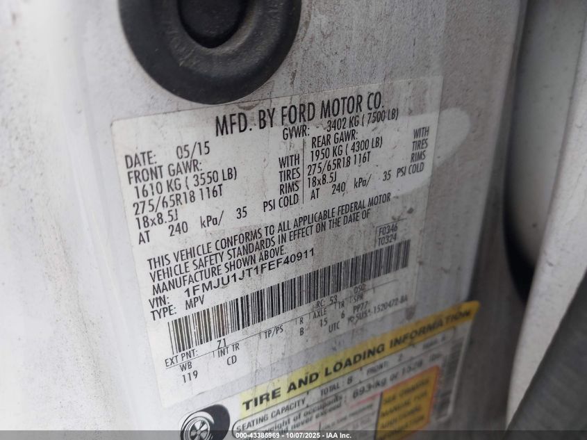 2015 Ford Expedition Xlt VIN: 1FMJU1JT1FEF40911 Lot: 43385969