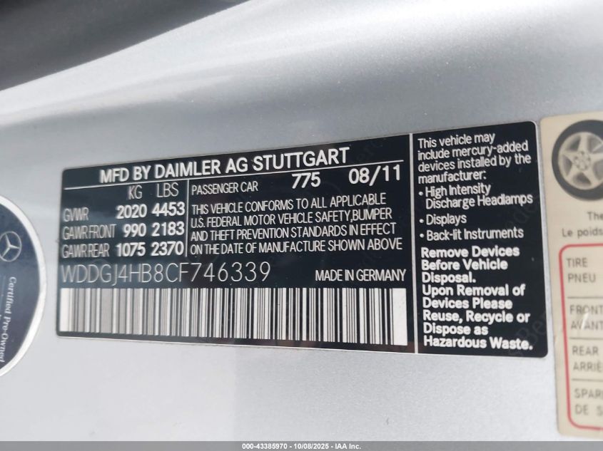 2012 Mercedes-Benz C 250 VIN: WDDGJ4HB8CF746339 Lot: 43385970