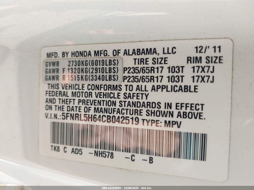 2012 Honda Odyssey Ex-L VIN: 5FNRL5H64CB042519 Lot: 43385980