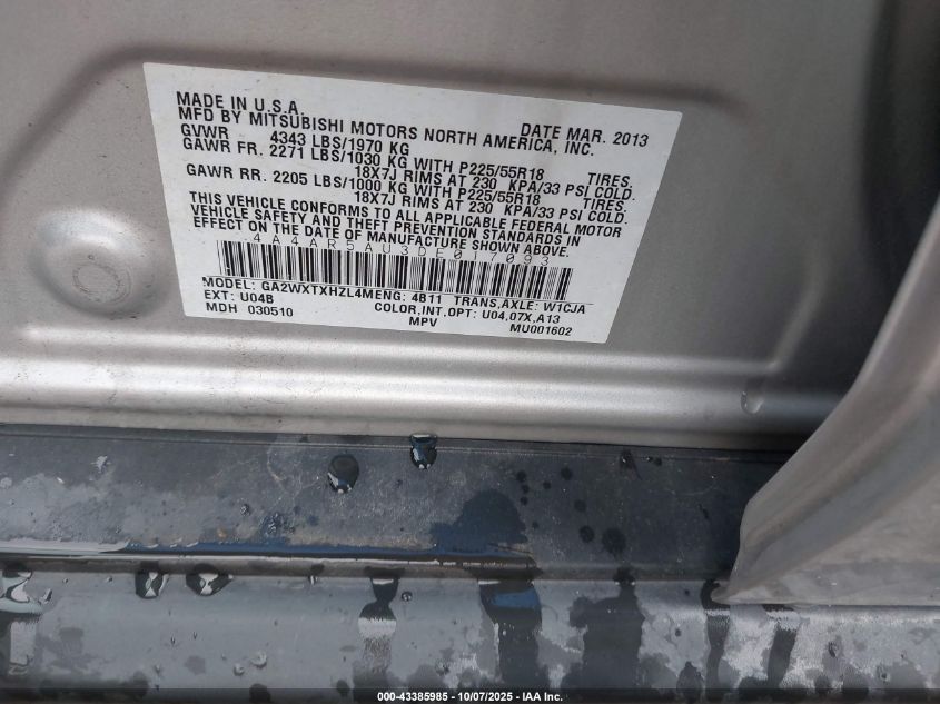 2013 Mitsubishi Outlander Sport Le VIN: 4A4AR5AU3DE017093 Lot: 43385985