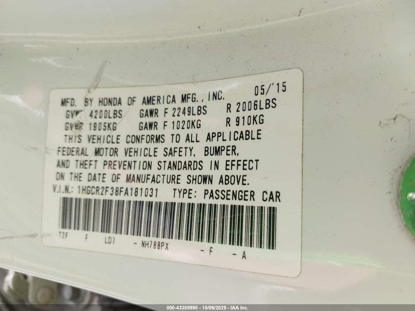 2015 Honda Accord Lx VIN: 1HGCR2F38FA181031 Lot: 43385990
