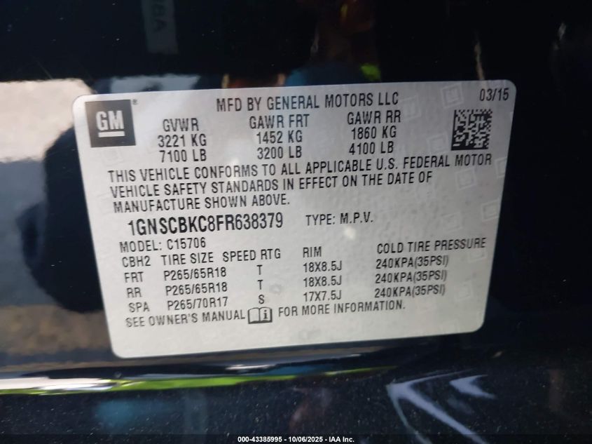 2015 Chevrolet Tahoe Lt VIN: 1GNSCBKC8FR638379 Lot: 43385995