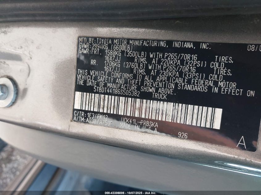 2006 Toyota Tundra Sr5 V8 VIN: 5TBDT44186S505382 Lot: 43386006