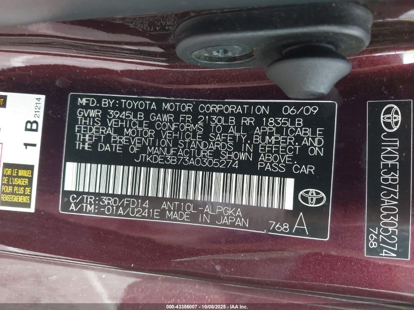 2010 Scion Tc VIN: JTKDE3B73A0305274 Lot: 43386007