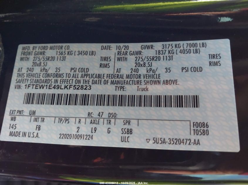 2020 Ford F-150 Xlt VIN: 1FTEW1E49LKF52823 Lot: 43386013