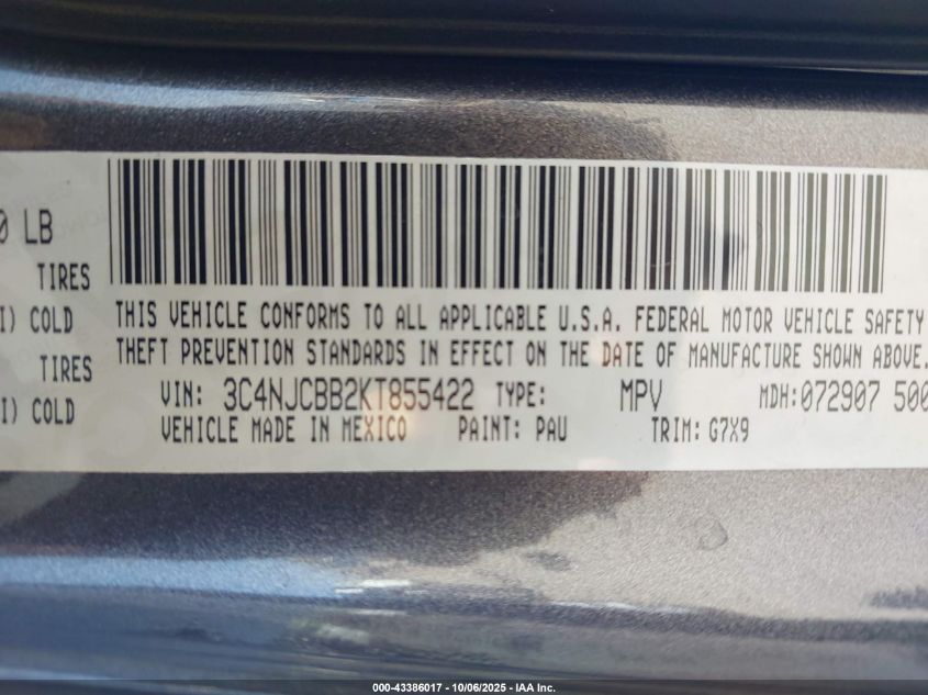 2019 Jeep Compass Latitude Fwd VIN: 3C4NJCBB2KT855422 Lot: 43386017