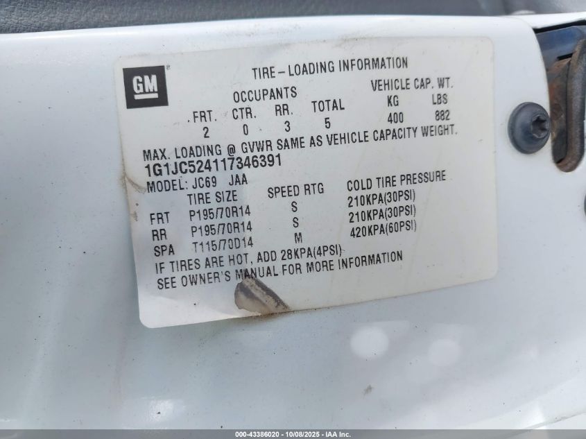 2001 Chevrolet Cavalier VIN: 1G1JC524117346391 Lot: 43386020